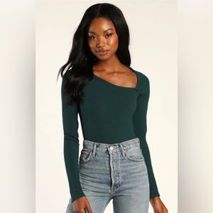Lulu’s Always Appealing Green Ribbed Asymmetrical Long Sleeve Bodysuit - Medium